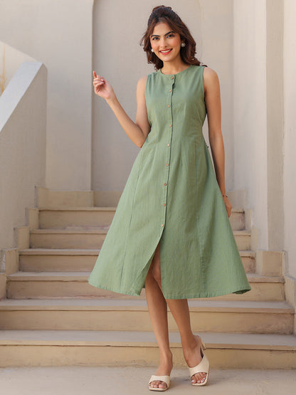 Janasya Dark Cotton Solid A-Line Dress