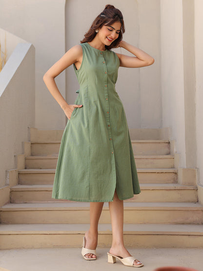 Janasya Dark Cotton Solid A-Line Dress