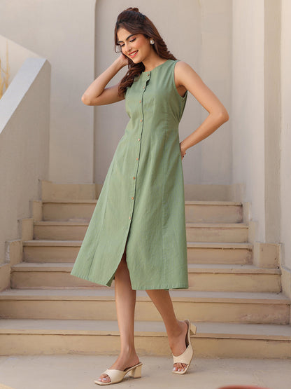 Janasya Dark Cotton Solid A-Line Dress
