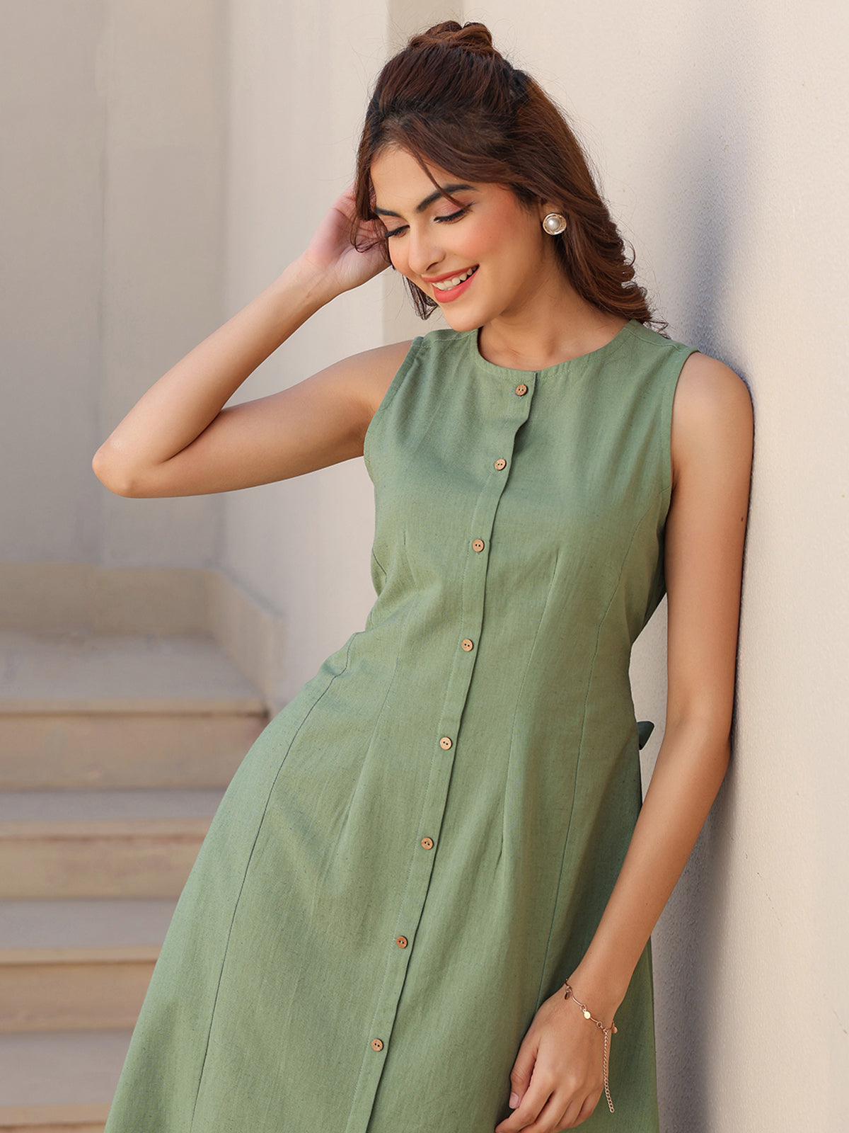 Janasya Dark Cotton Solid A-Line Dress