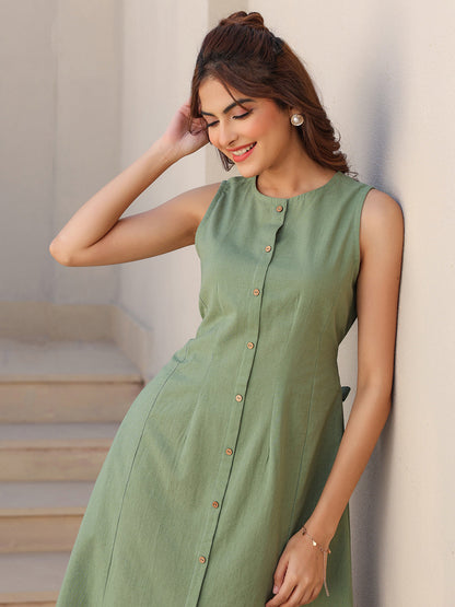 Janasya Dark Cotton Solid A-Line Dress