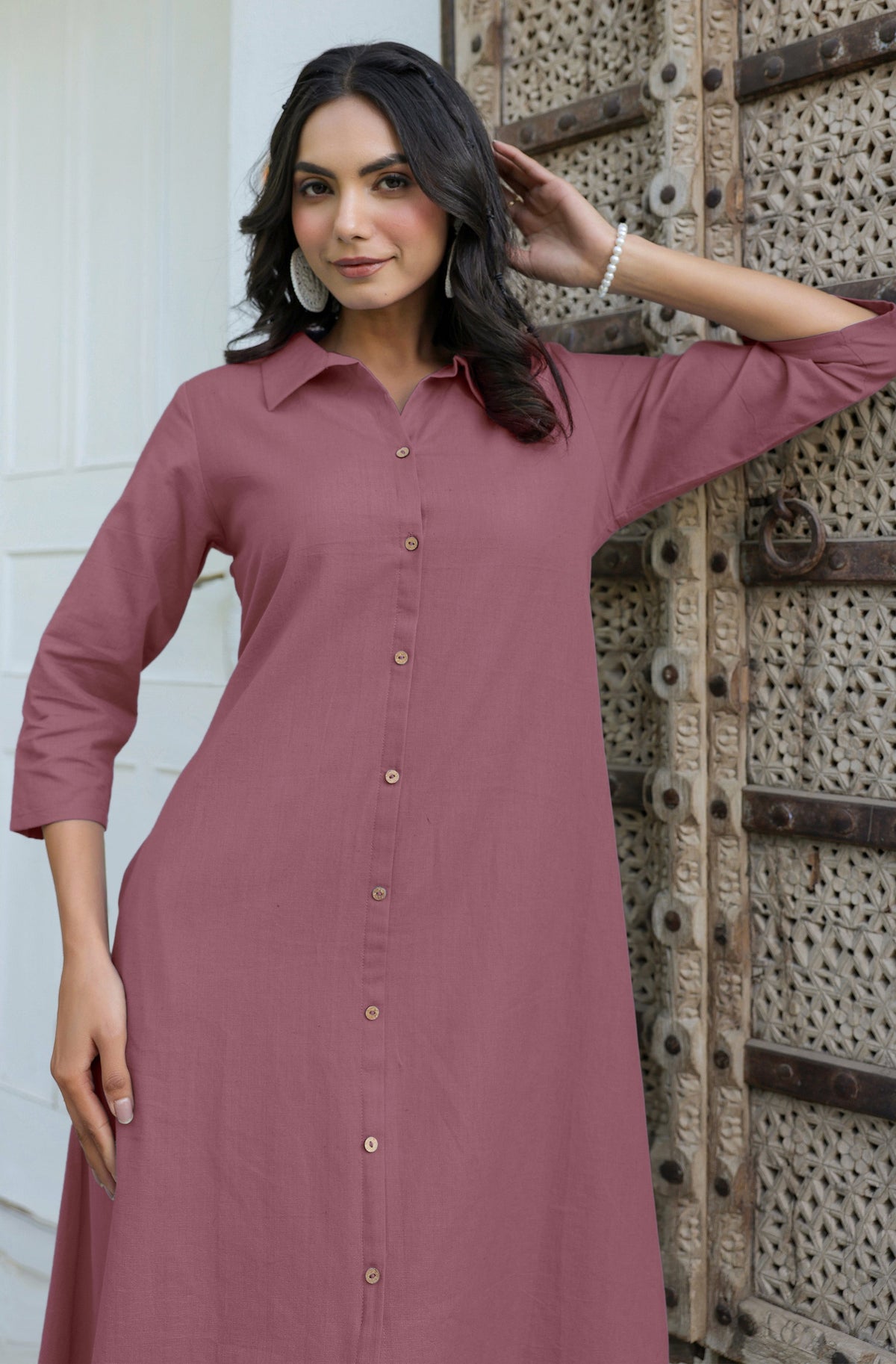 Janasya Dark Cotton Solid A-Line Dress