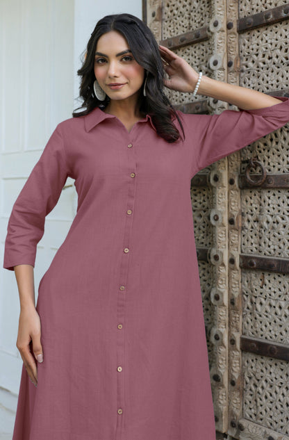 Janasya Dark Cotton Solid A-Line Dress