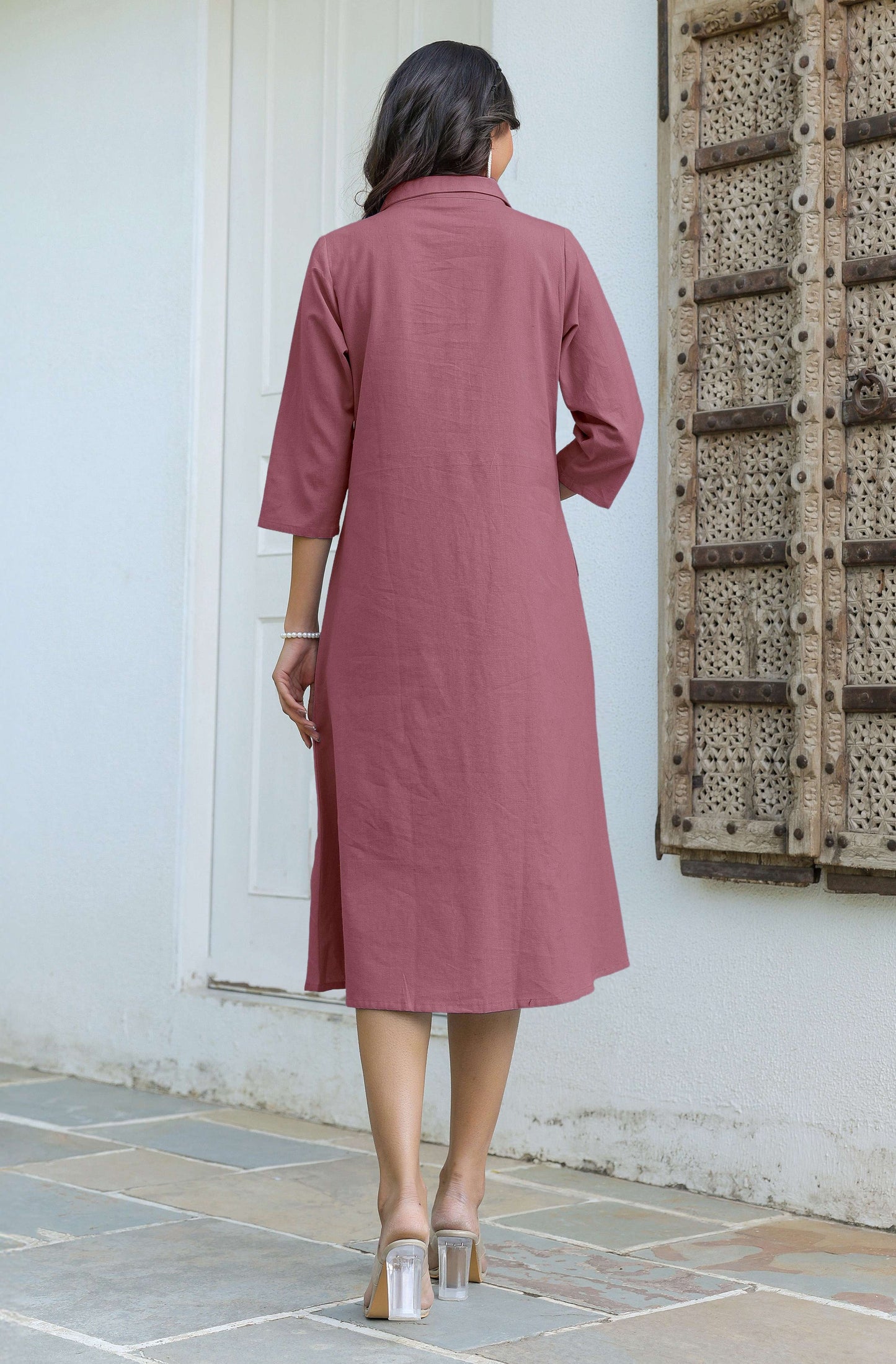 Janasya Dark Cotton Solid A-Line Dress