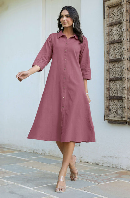 Janasya Dark Cotton Solid A-Line Dress