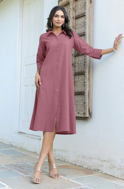 Janasya Dark Cotton Solid A-Line Dress