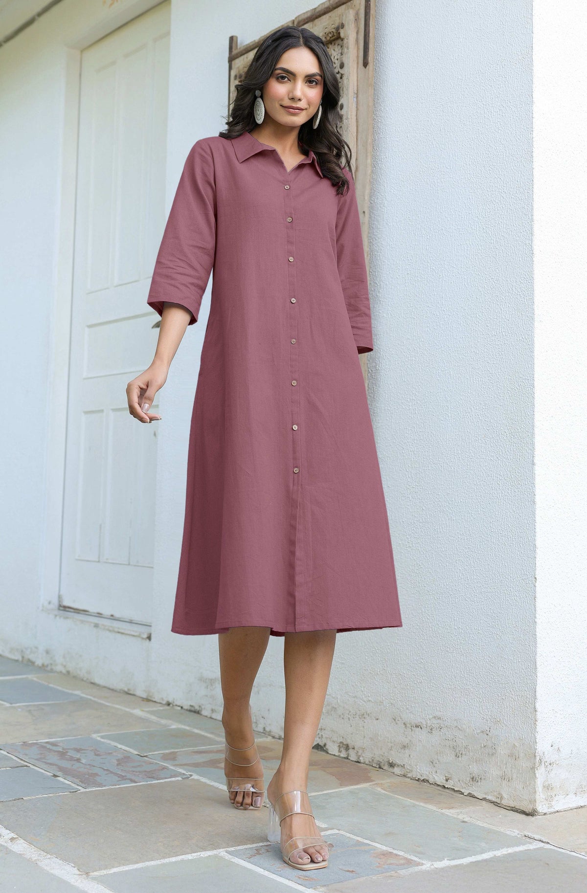 Janasya Dark Cotton Solid A-Line Dress