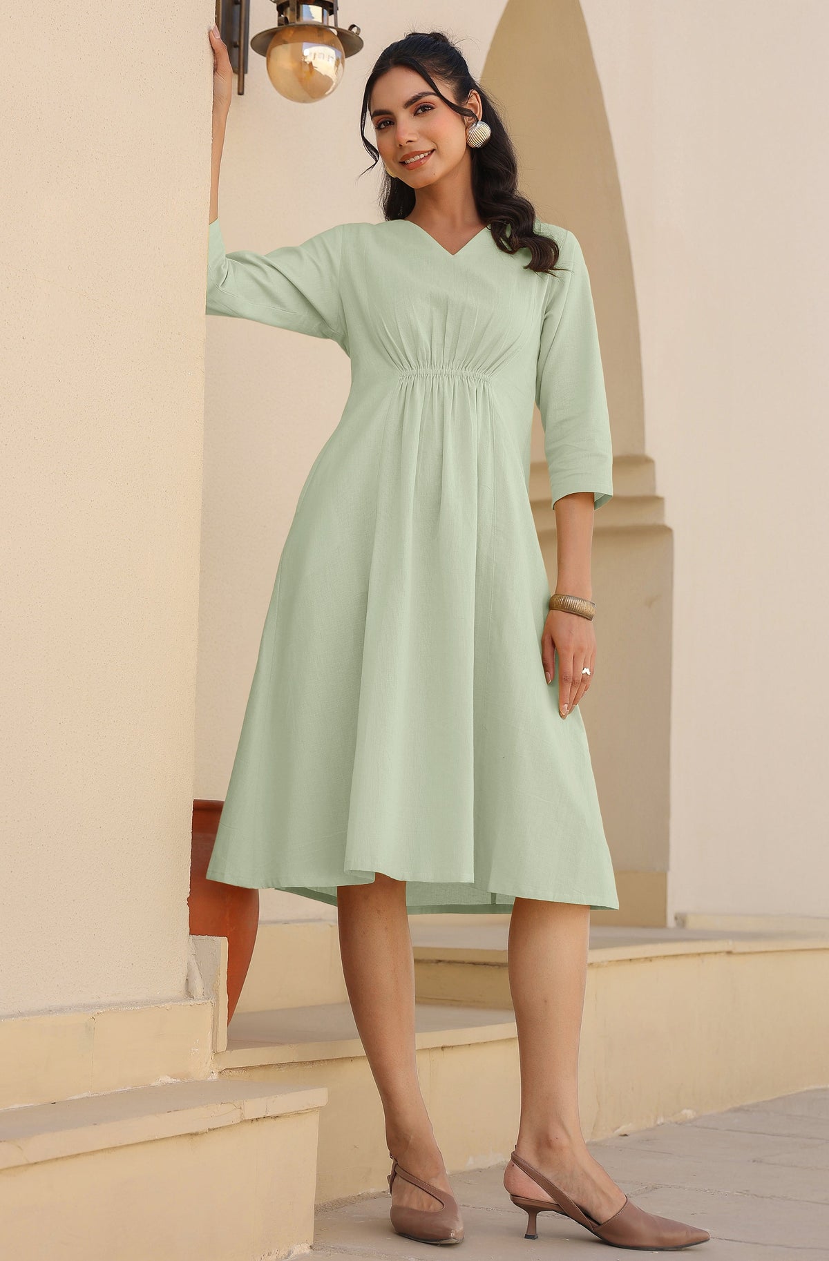 Janasya Light Cotton Solid A-Line Dress