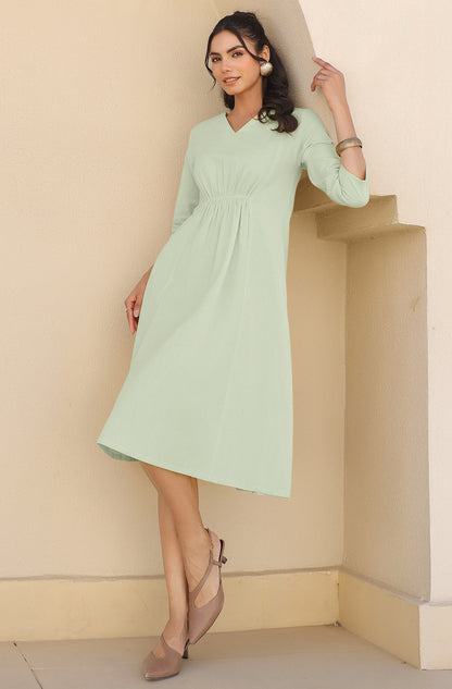 Janasya Light Cotton Solid A-Line Dress