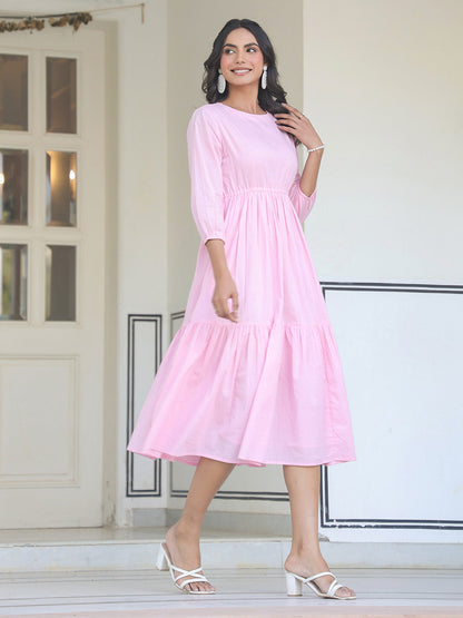 Janasya Light Cotton Solid Tiered Dress