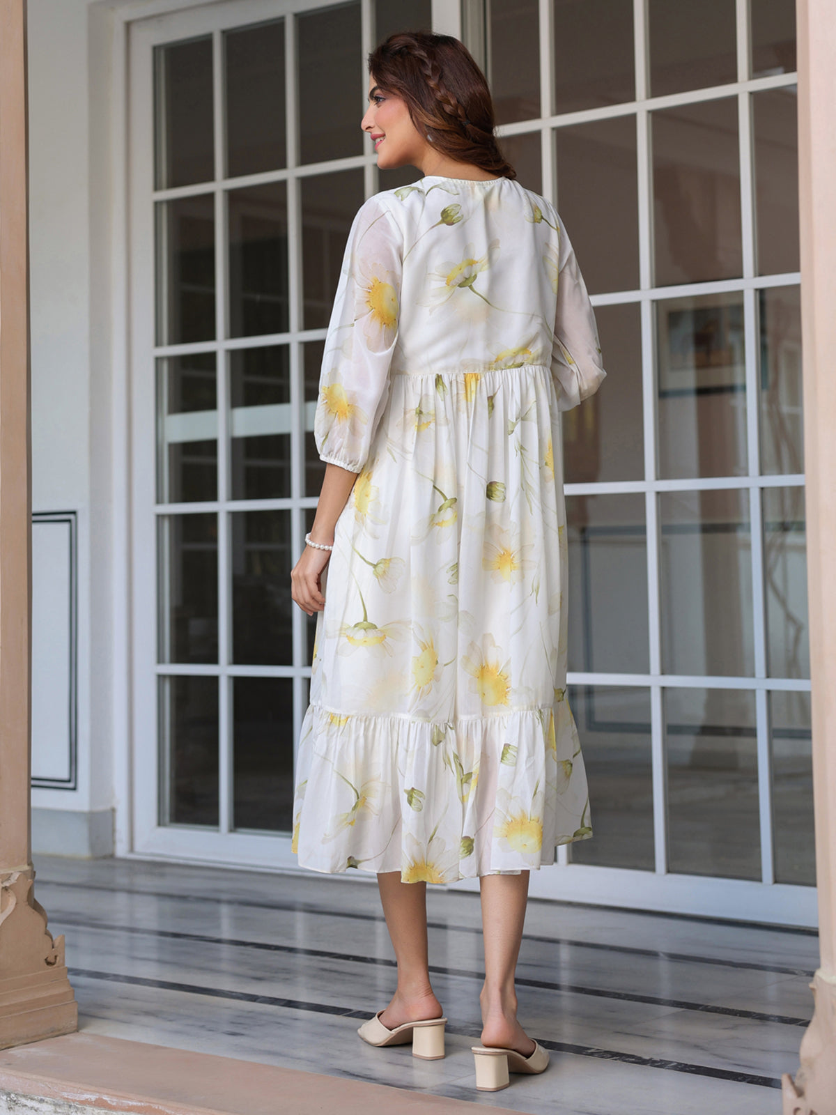 Janasya Light Georgette Floral Tiered Dress