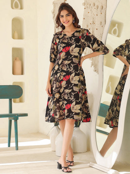 Janasya Dark Rayon Floral A-Line Dress