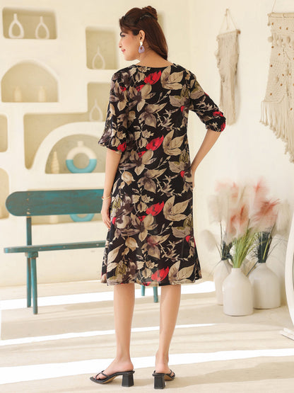 Janasya Dark Rayon Floral A-Line Dress
