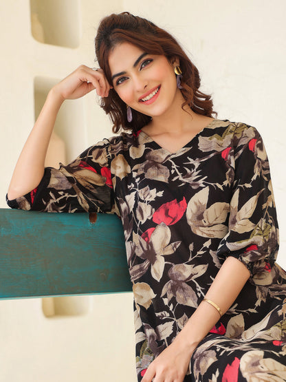 Janasya Dark Rayon Floral A-Line Dress