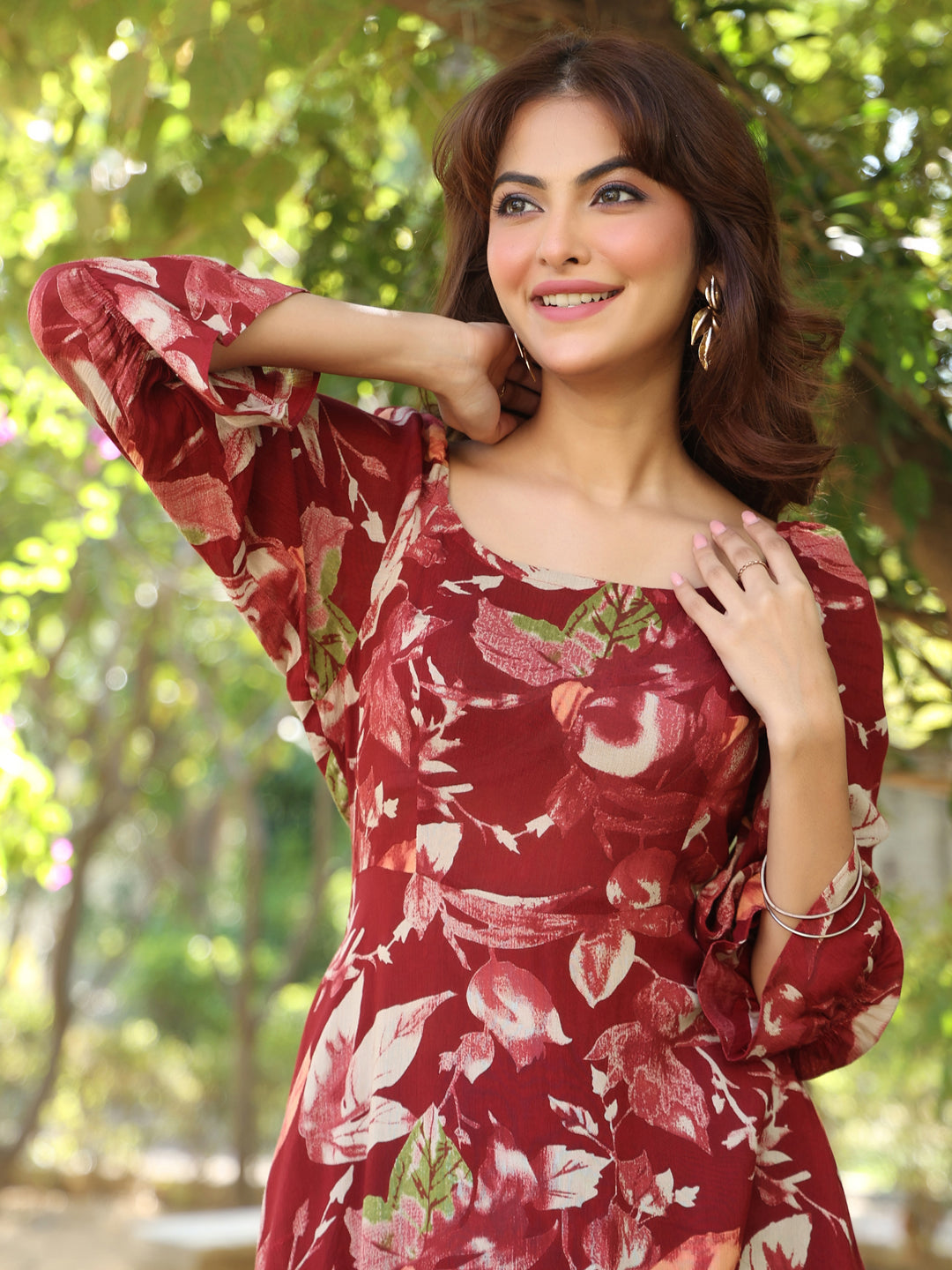 Janasya Dark Rayon Floral A-Line Dress