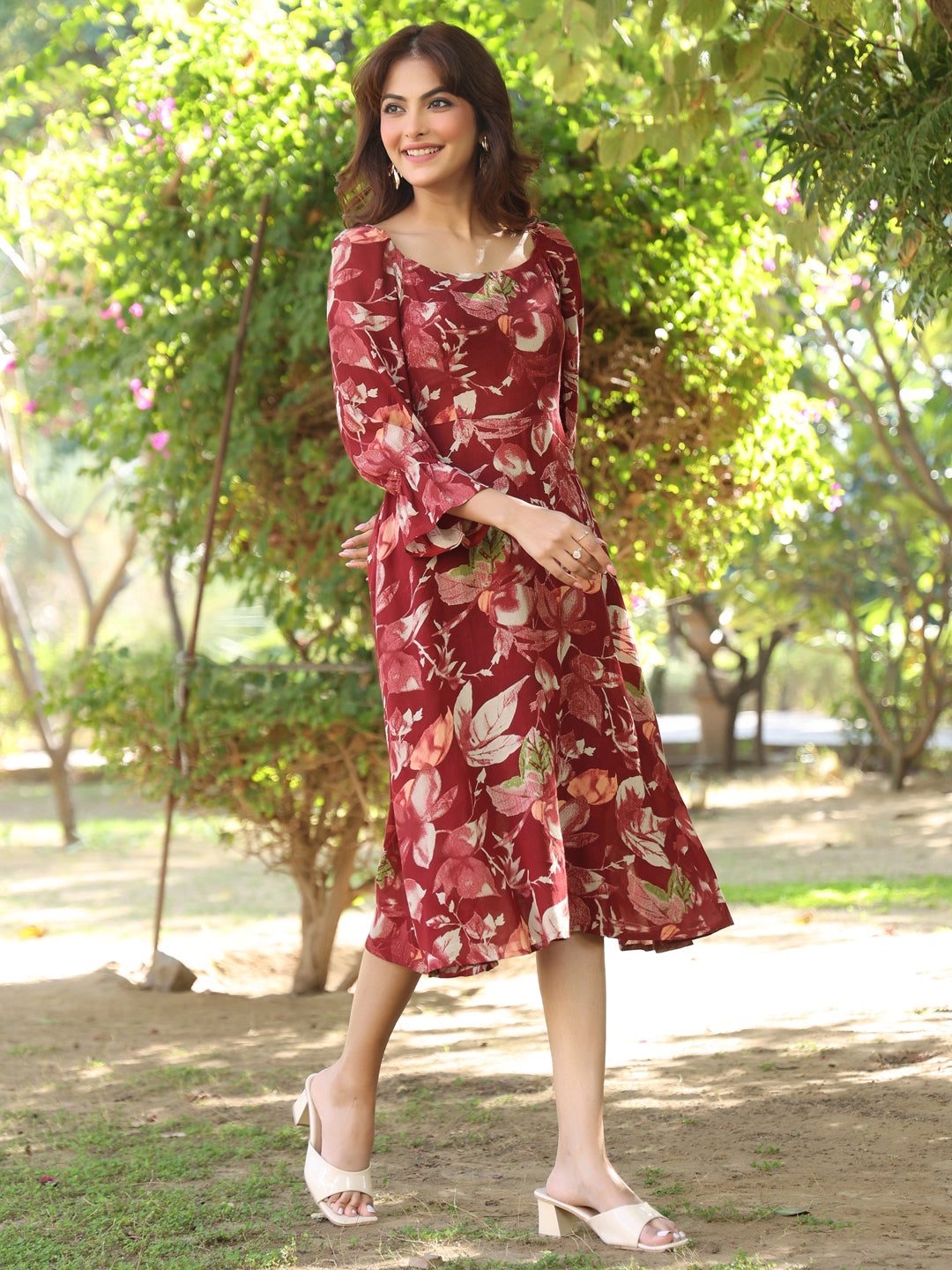 Janasya Dark Rayon Floral A-Line Dress