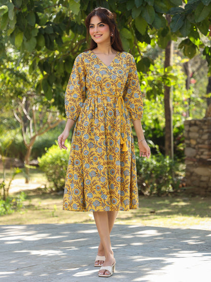 Janasya Bright Cotton Floral A-Line Dress