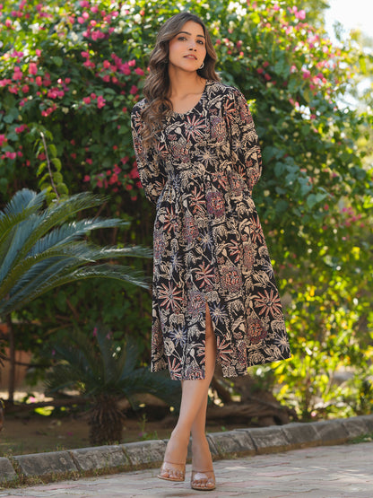 Janasya Dark Cotton Floral A-Line Dress