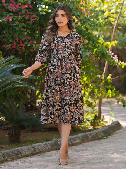 Janasya Dark Cotton Floral A-Line Dress