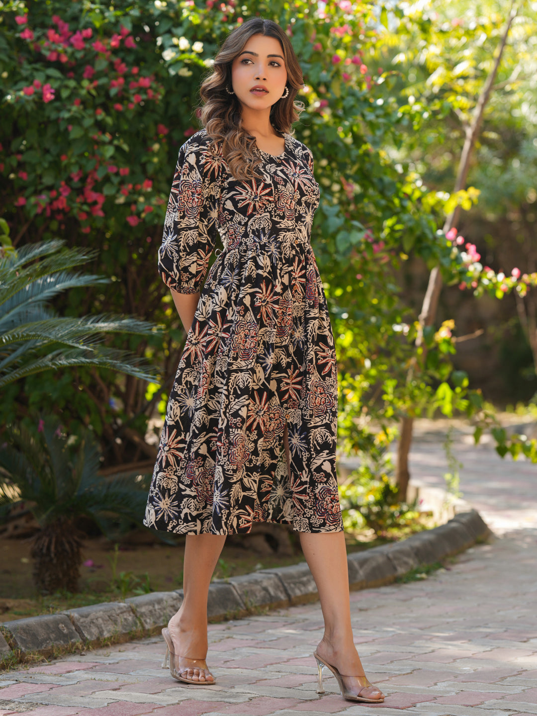 Janasya Dark Cotton Floral A-Line Dress