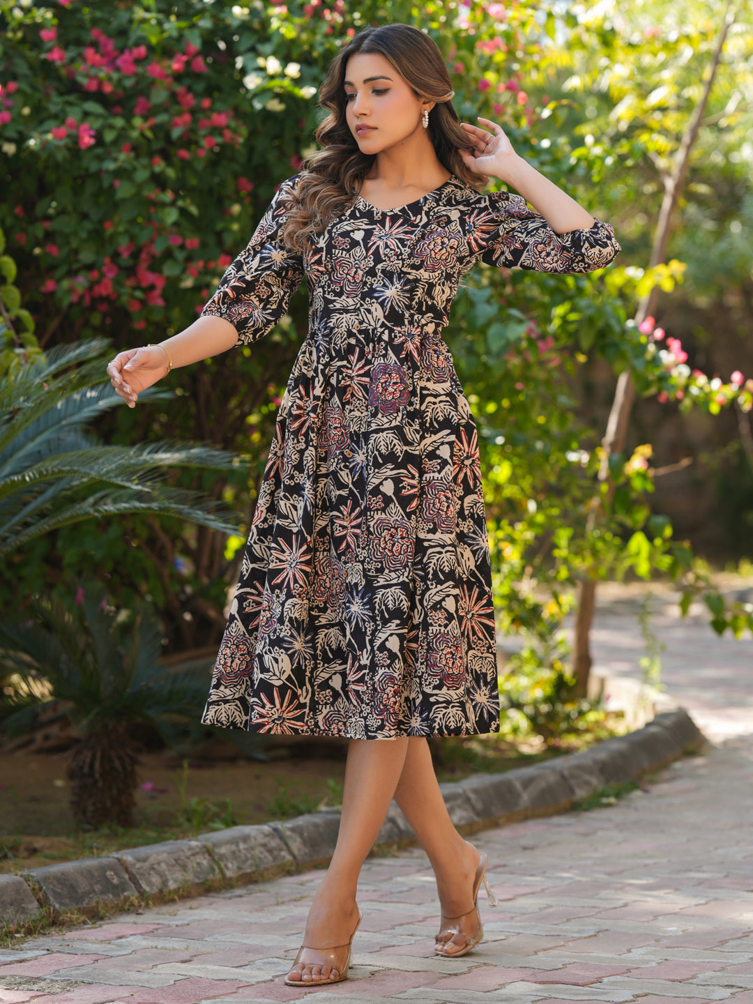 Janasya Dark Cotton Floral A-Line Dress