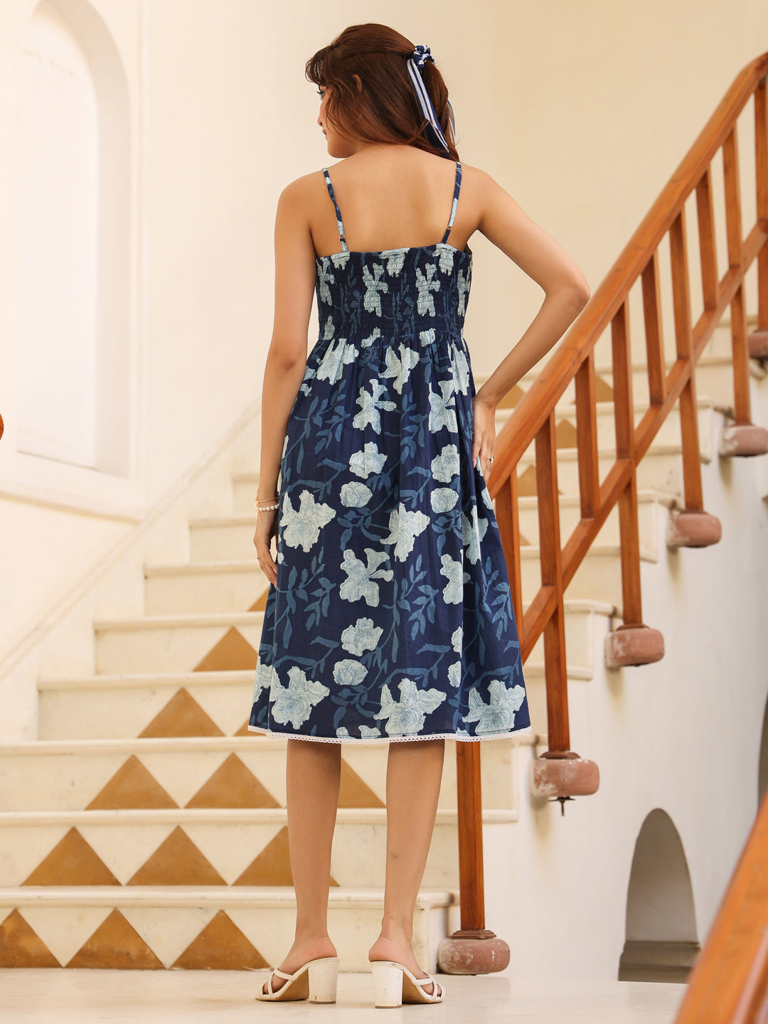 Janasya Dark Cotton Floral Fit & Flare Dress