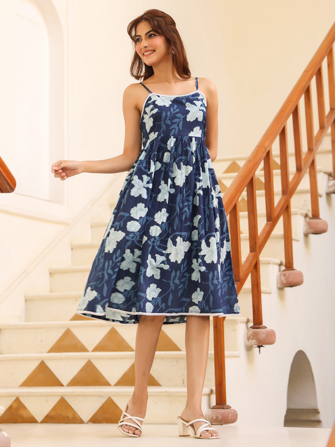 Janasya Dark Cotton Floral Fit & Flare Dress