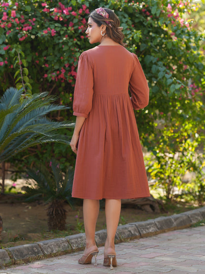 Janasya Dark Cotton Solid Gathered Dress