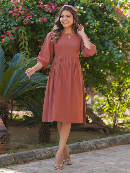 Janasya Dark Cotton Solid Gathered Dress