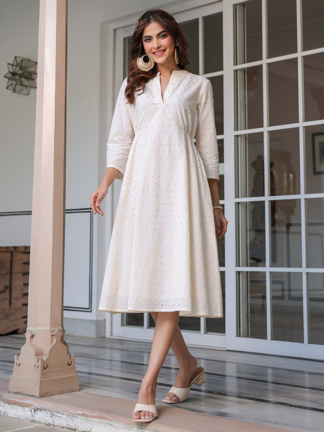 Janasya Light Cotton Schiffli A-Line Dress