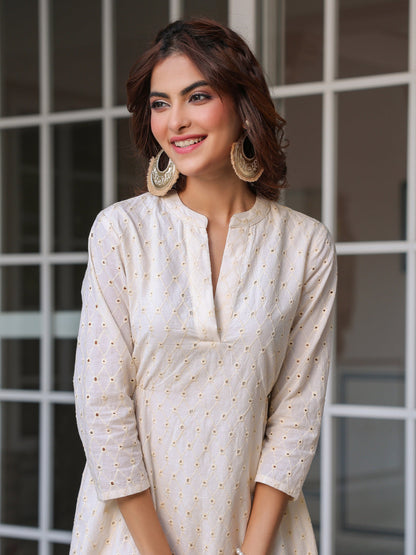 Janasya Light Cotton Schiffli A-Line Dress