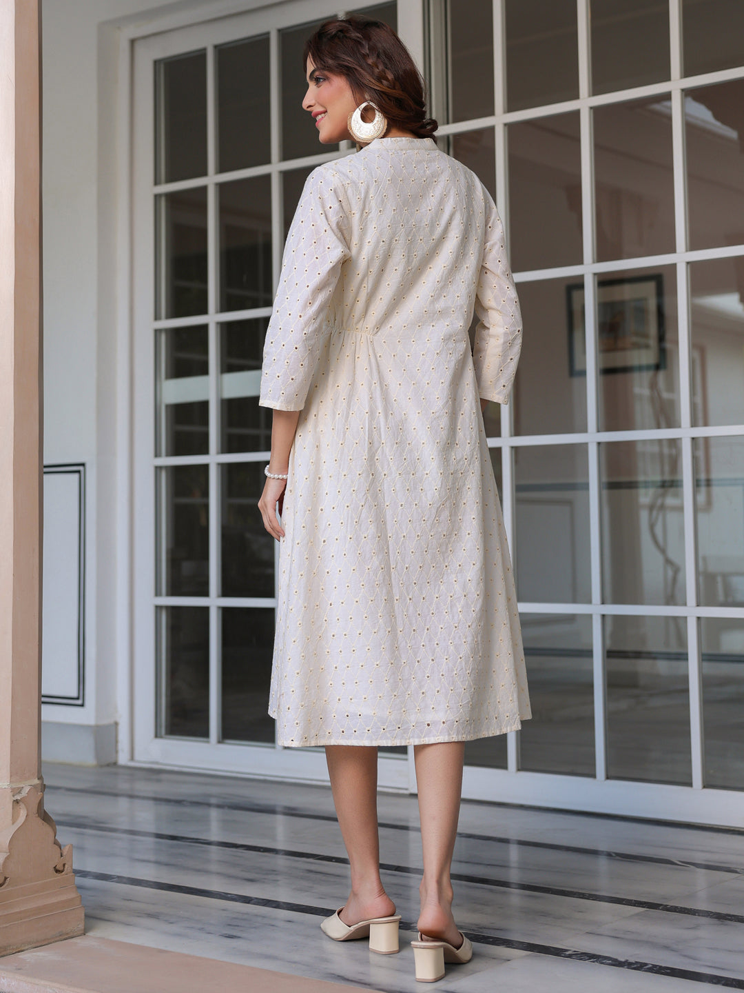 Janasya Light Cotton Schiffli A-Line Dress