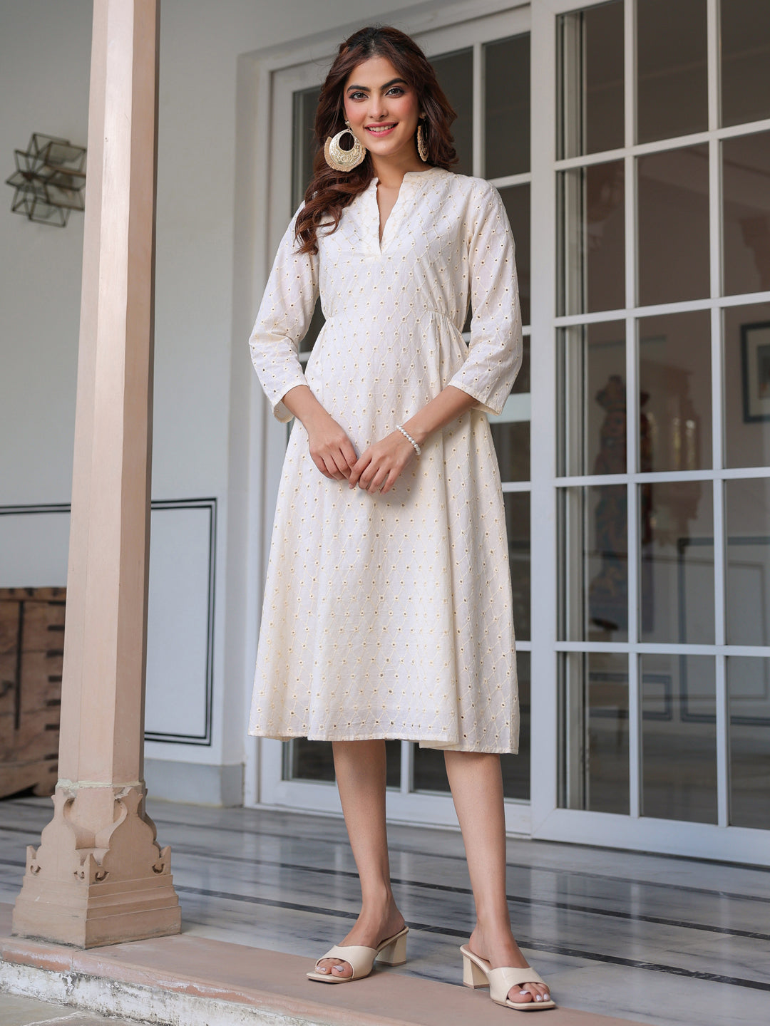 Janasya Light Cotton Schiffli A-Line Dress
