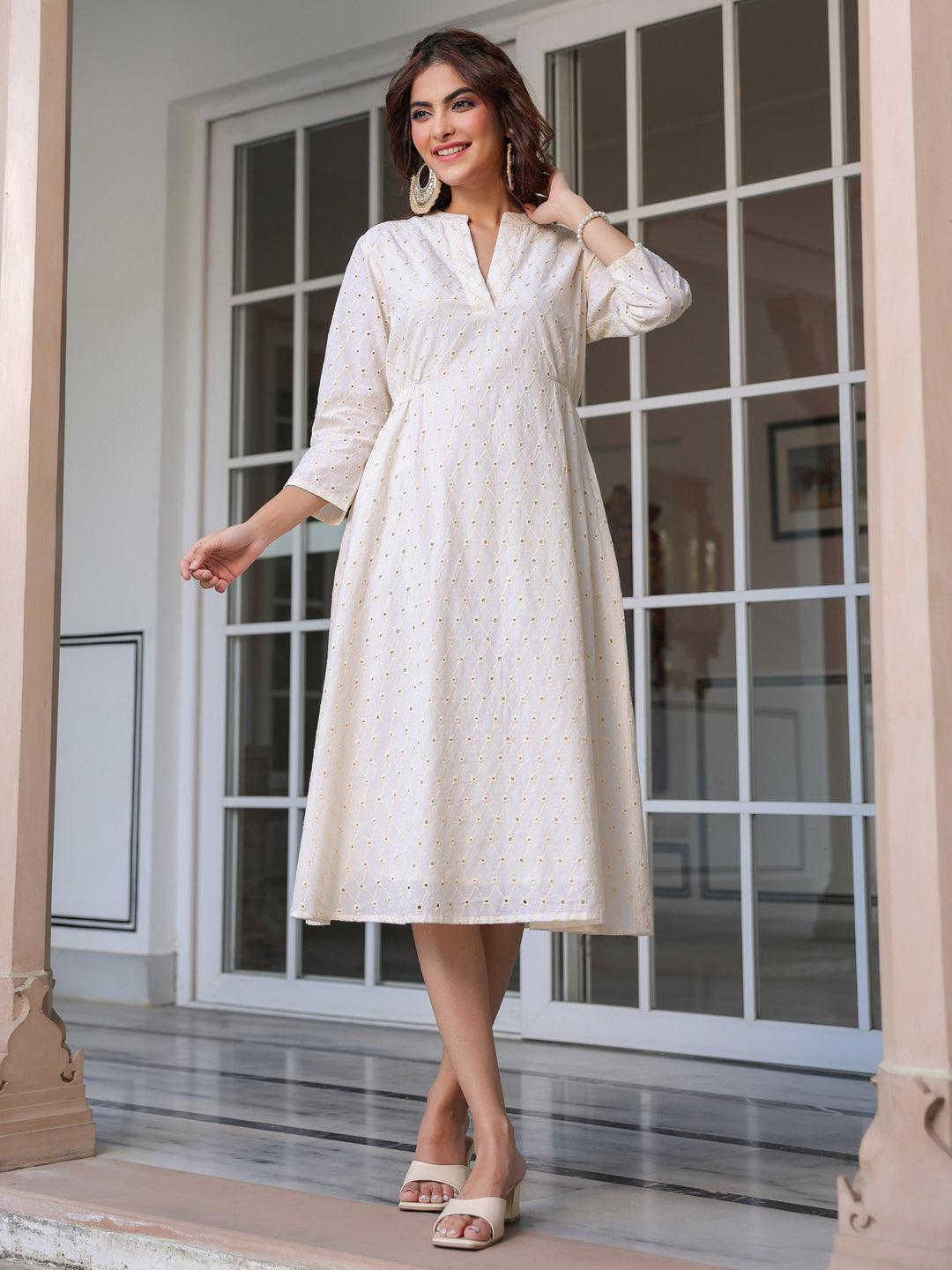 Janasya Light Cotton Schiffli A-Line Dress