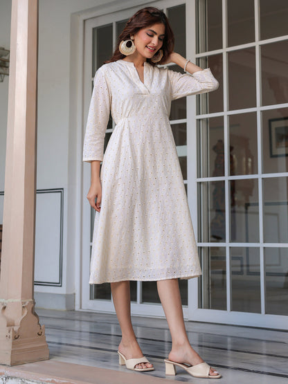 Janasya Light Cotton Schiffli A-Line Dress