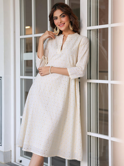 Janasya Light Cotton Schiffli A-Line Dress