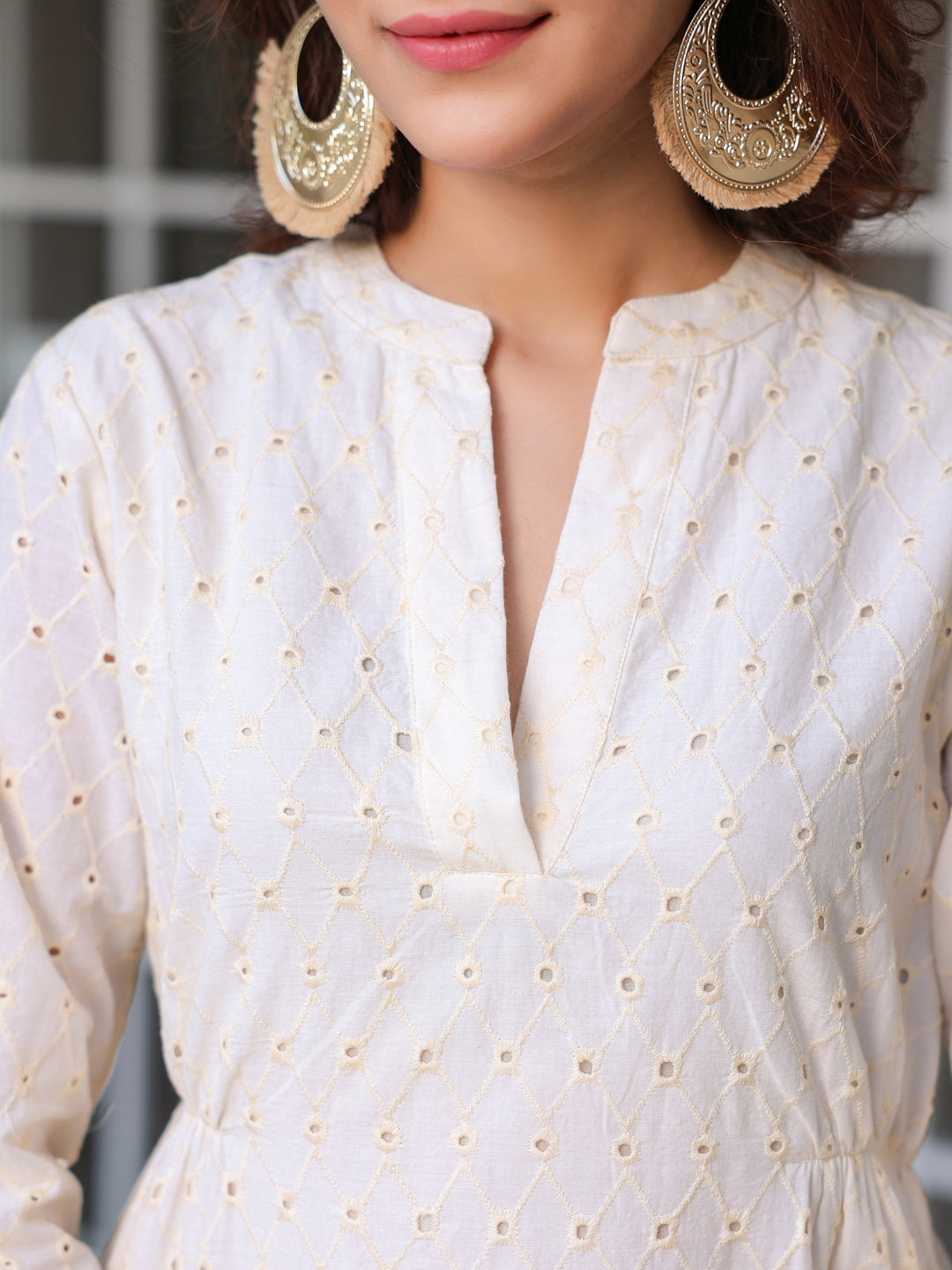 Janasya Light Cotton Schiffli A-Line Dress