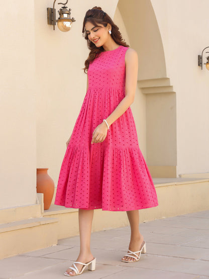Janasya Bright Cotton Schiffli Fit & Flare Dress