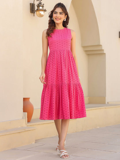 Janasya Bright Cotton Schiffli Fit & Flare Dress