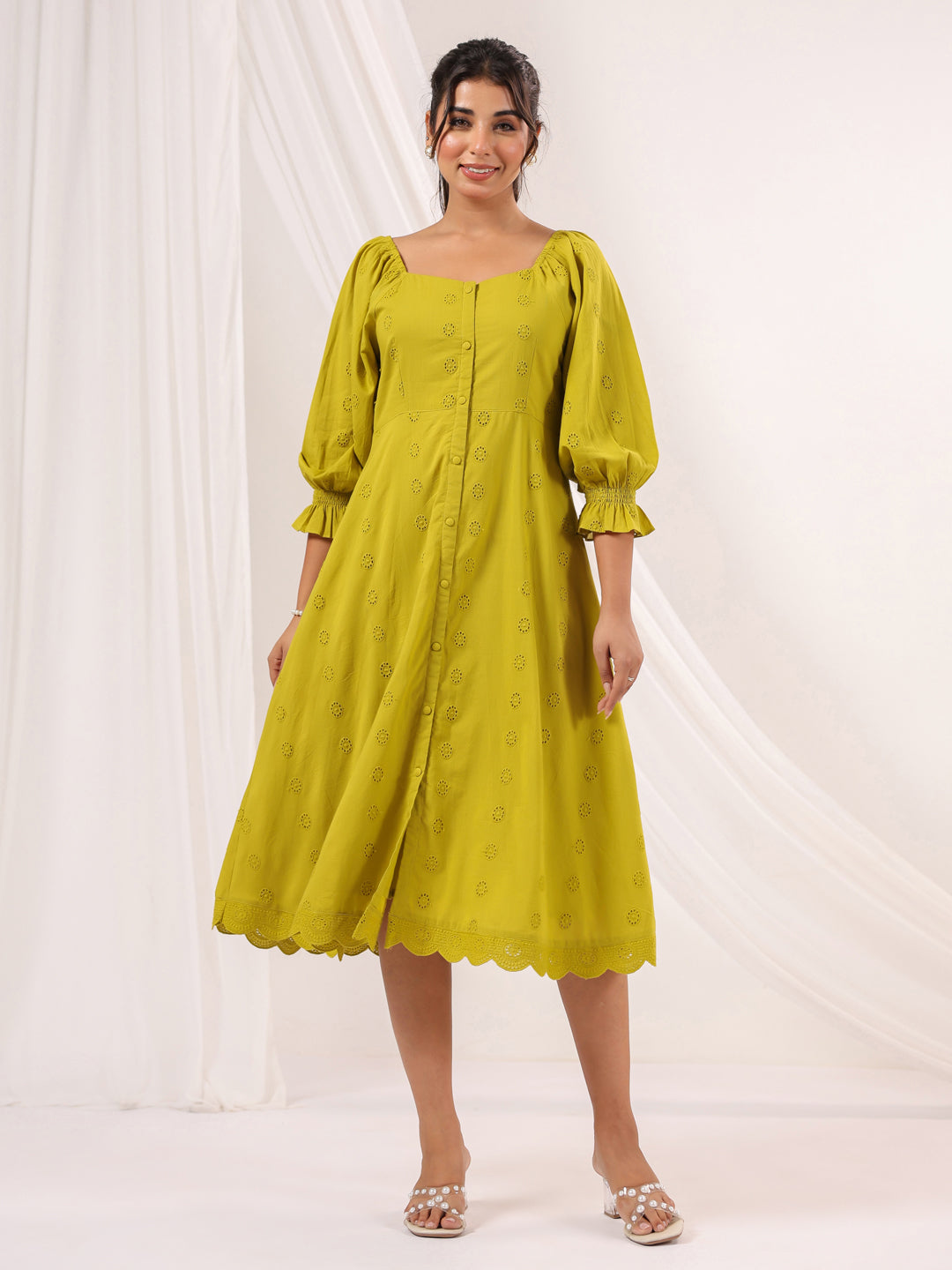 Janasya Dark Cotton Schiffli A-Line Dress