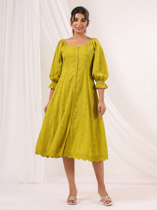 Janasya Dark Cotton Schiffli A-Line Dress
