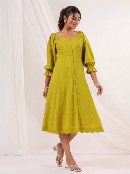 Janasya Dark Cotton Schiffli A-Line Dress