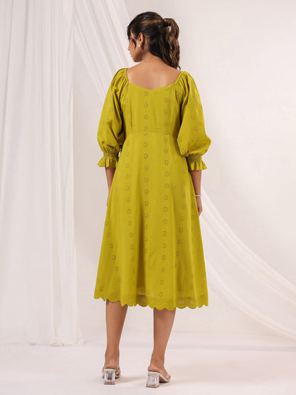 Janasya Dark Cotton Schiffli A-Line Dress