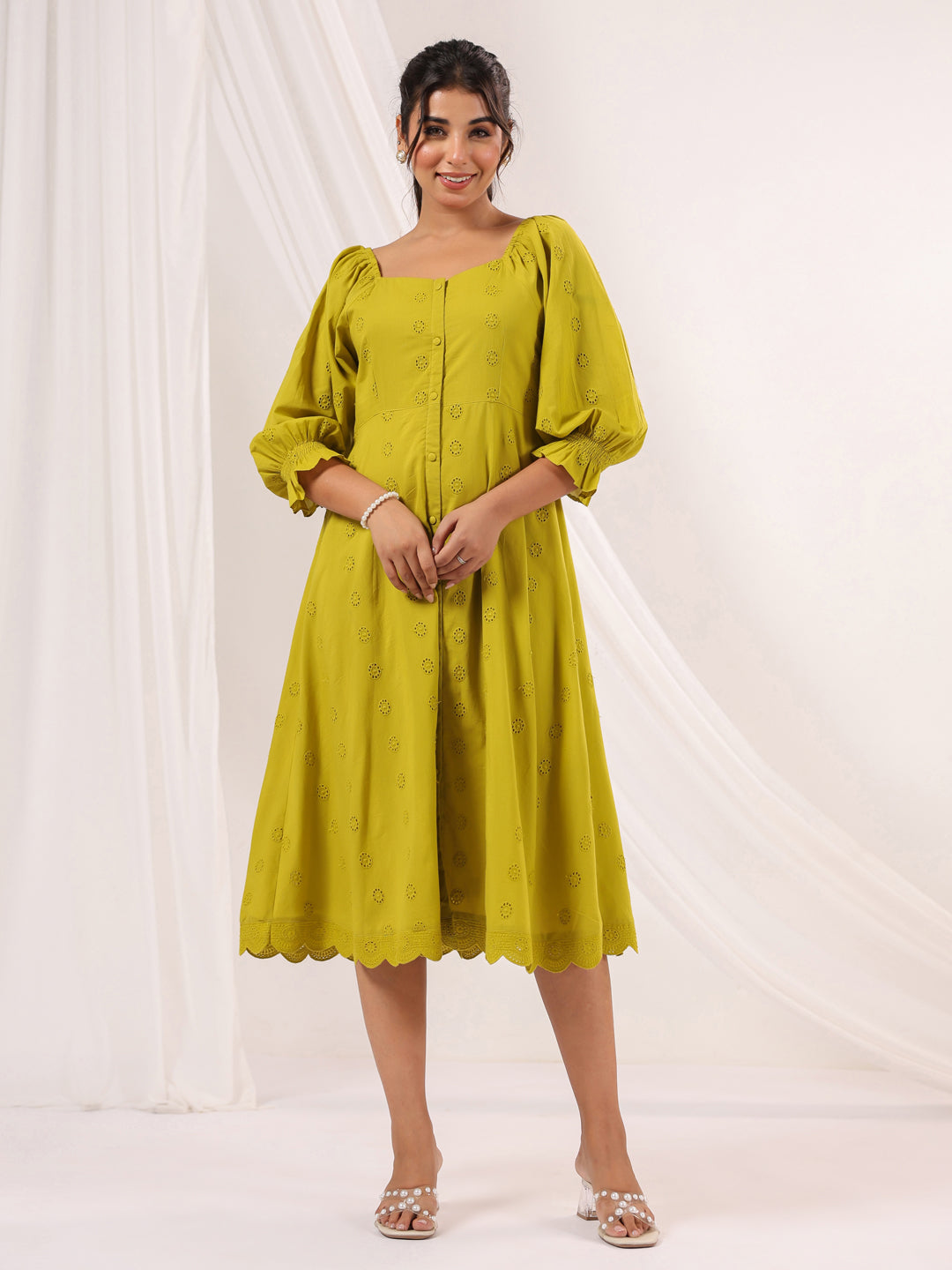 Janasya Dark Cotton Schiffli A-Line Dress