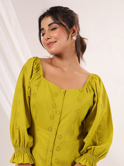 Janasya Dark Cotton Schiffli A-Line Dress