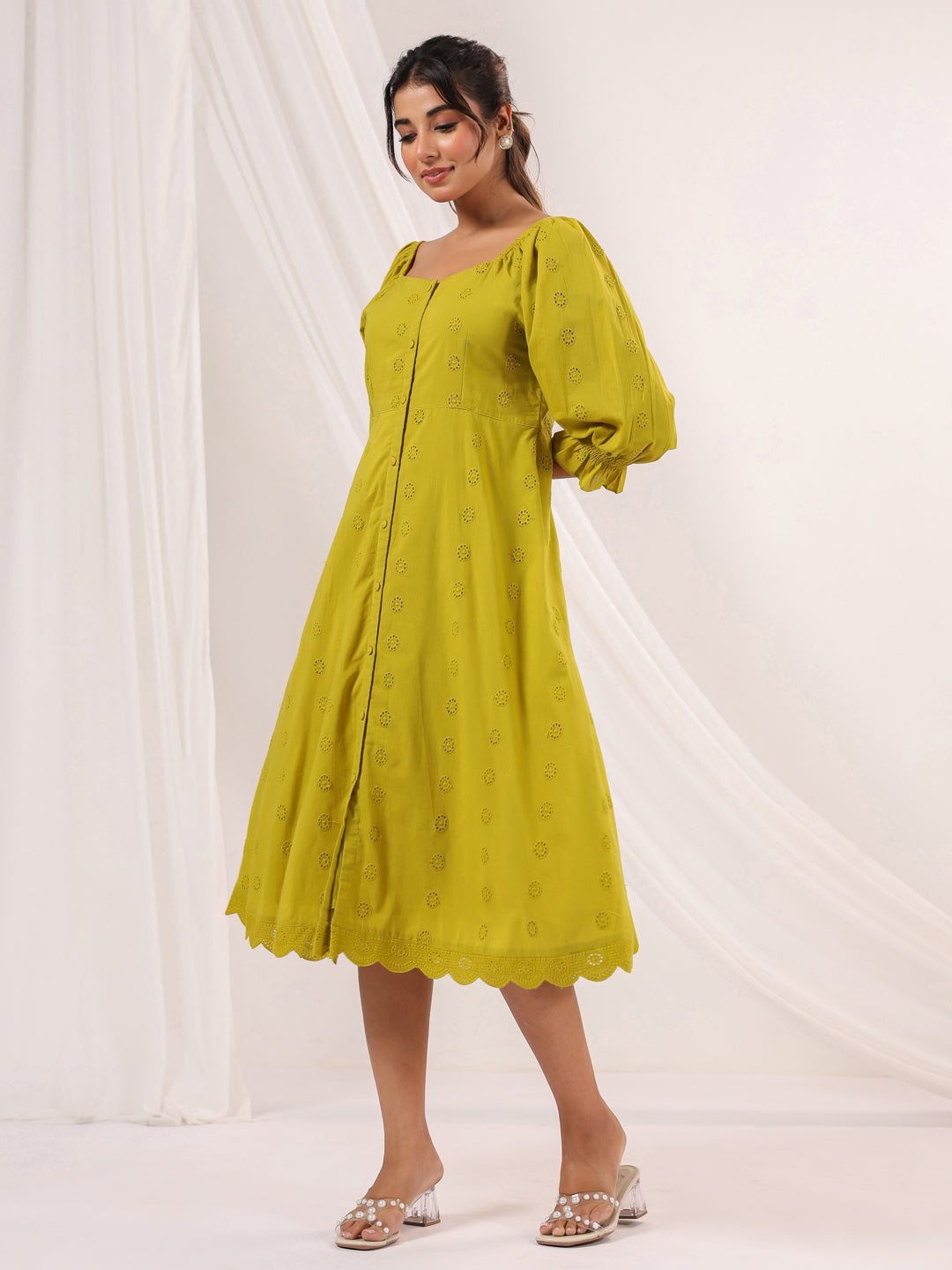 Janasya Dark Cotton Schiffli A-Line Dress