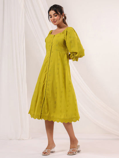 Janasya Dark Cotton Schiffli A-Line Dress