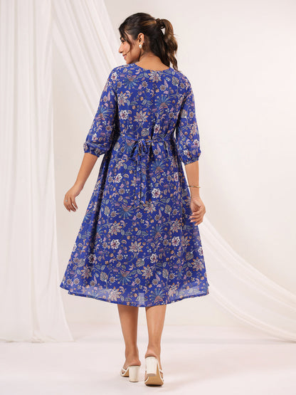 Janasya Dark Georgette Floral A-Line Dress
