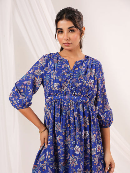 Janasya Dark Georgette Floral A-Line Dress