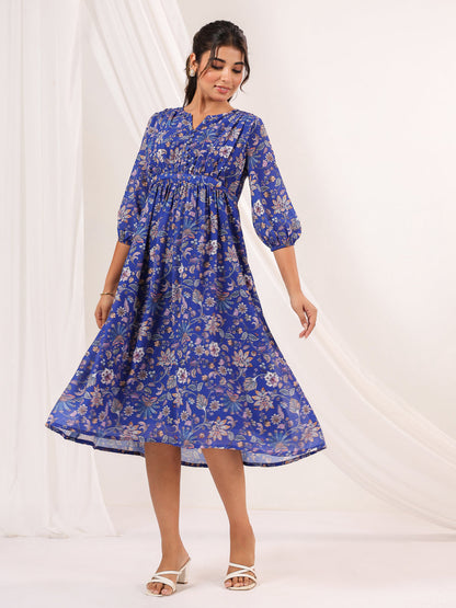 Janasya Dark Georgette Floral A-Line Dress